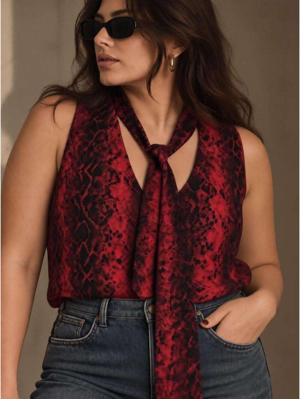 Vintage Susan Lawrence Red Snakeskin Tie Neck Top L Y2K Vamp